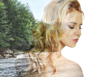 Picturesque landscape and beautiful woman on white background. Double exposure