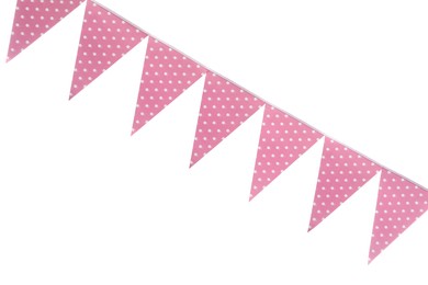 Triangular bunting flags on white background. Festive decor