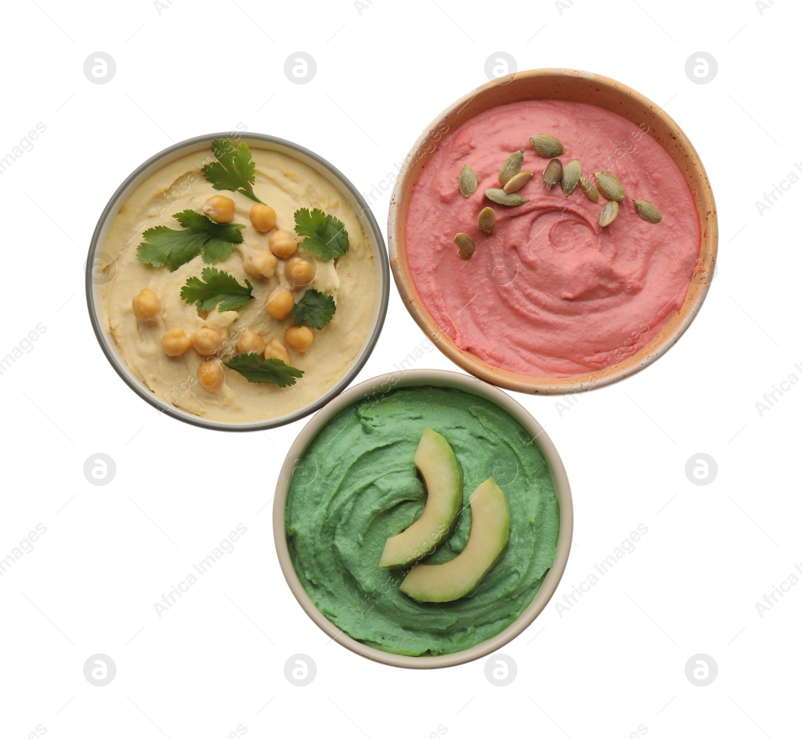 Photo of Different kinds of tasty hummus in bowls on white background, top view