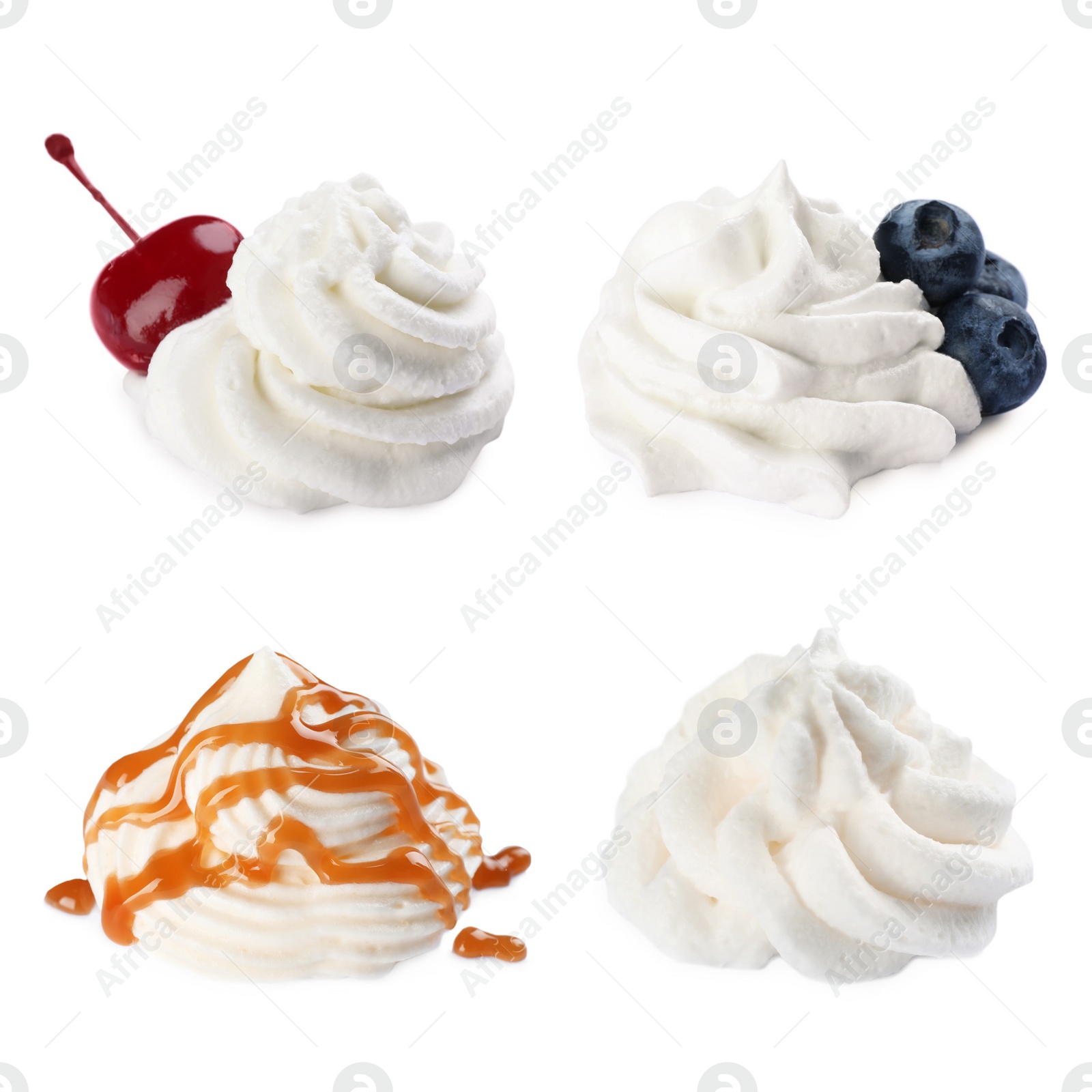 Image of Set with delicious fresh whipped cream on white background