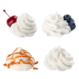 Image of Set with delicious fresh whipped cream on white background