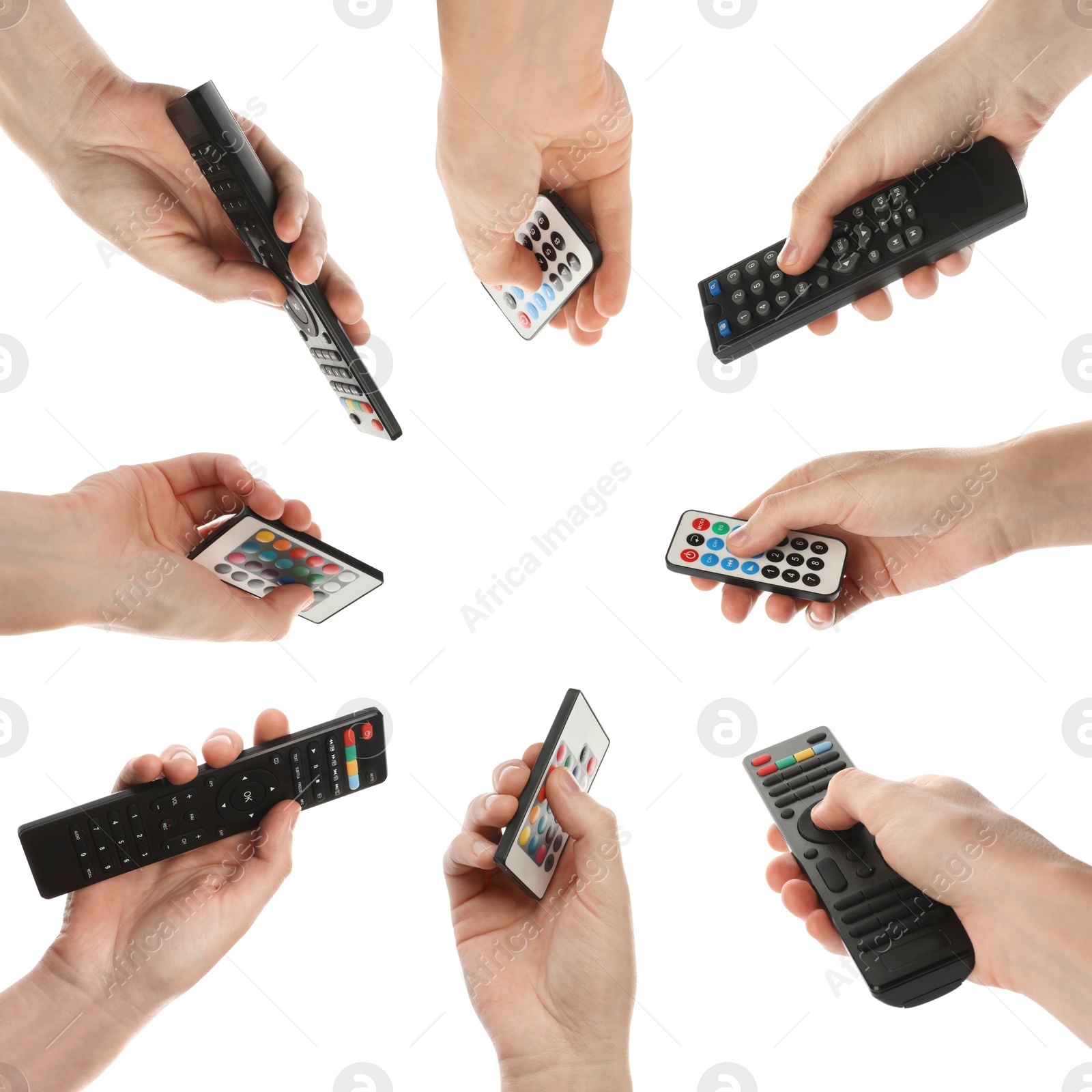 Image of People holding different remote controllers on white background, closeup. Collage design