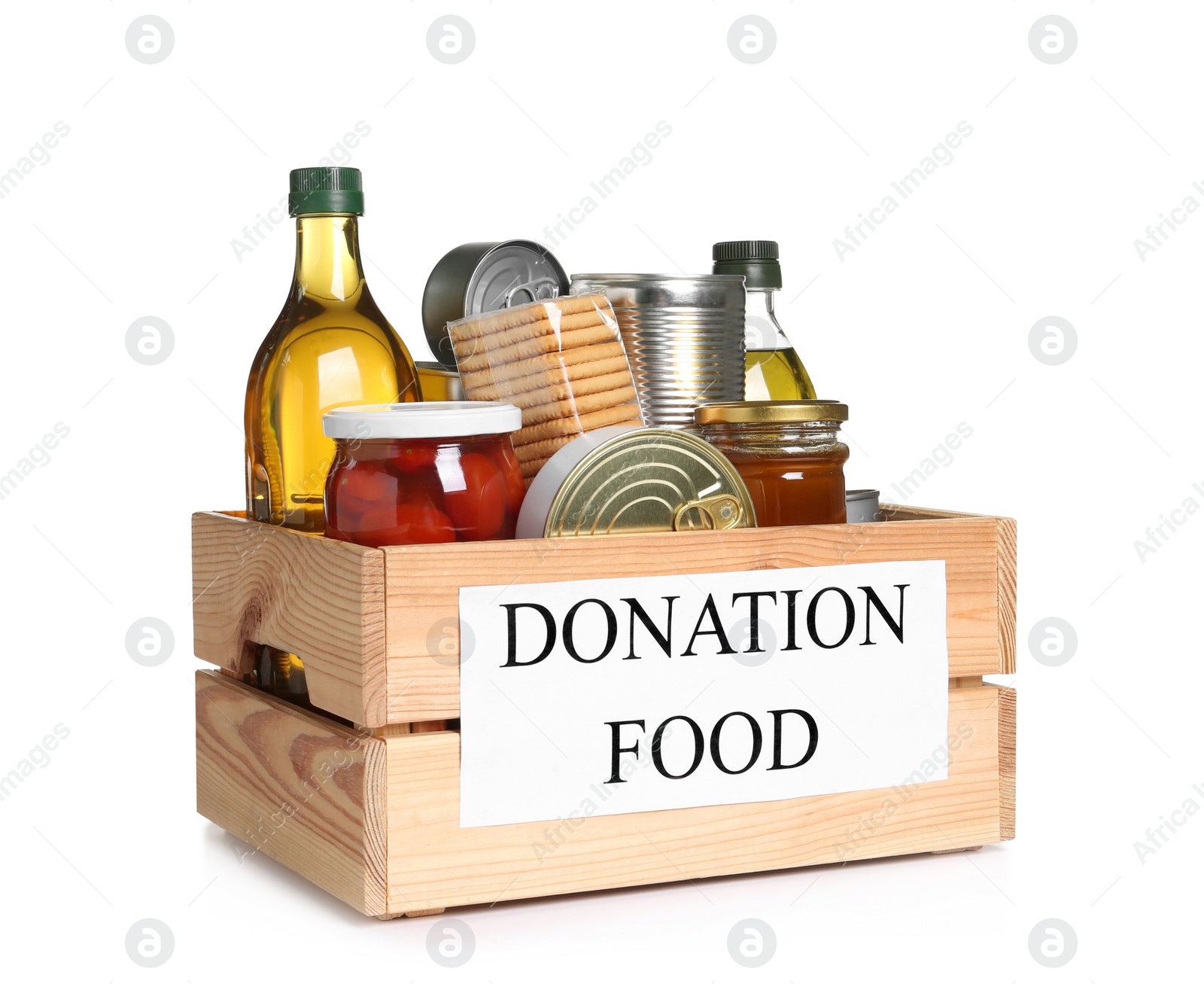 Photo of Donation crate with food isolated on white