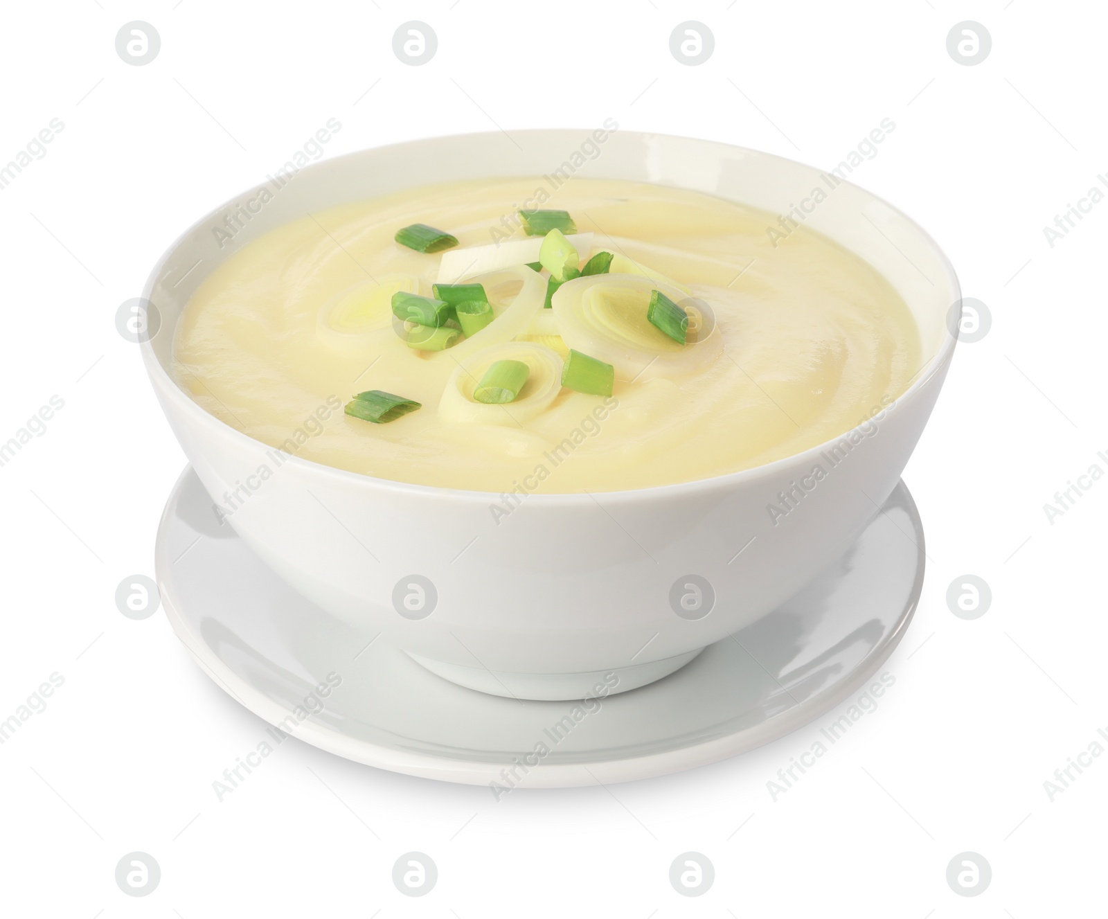 Photo of Bowl of tasty cream soup with cut leek isolated on white