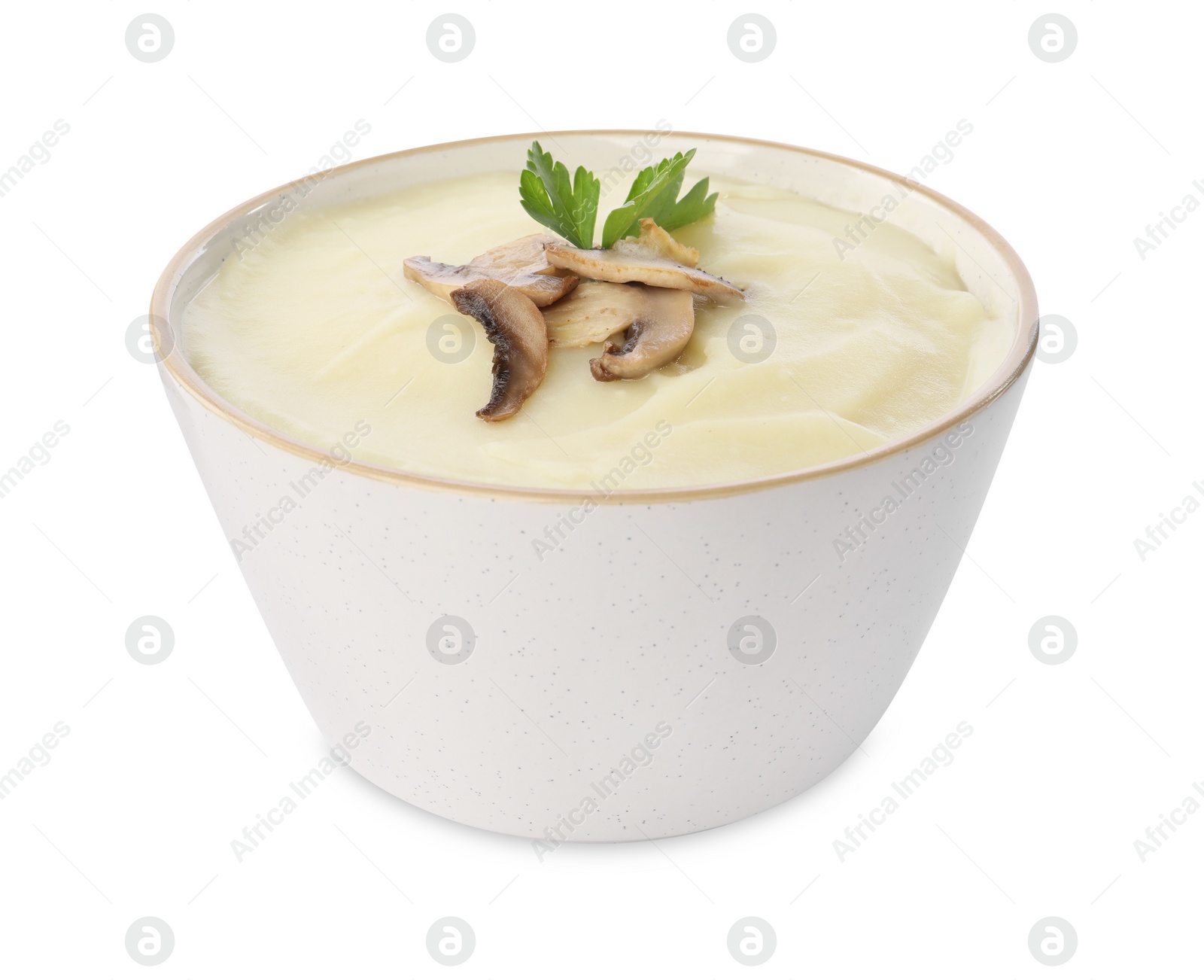 Photo of Bowl of tasty cream soup with mushrooms and parsley isolated on white