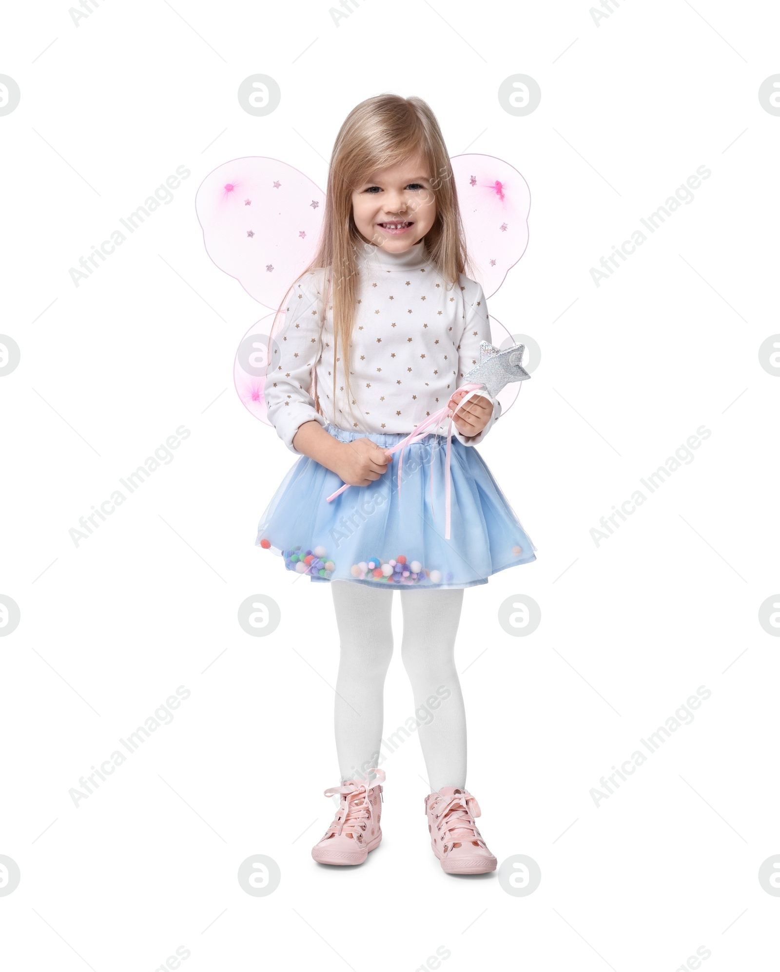 Photo of Cute little girl in fairy costume with pink wings and magic wand on white background