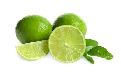 Photo of Fresh ripe green limes on white background