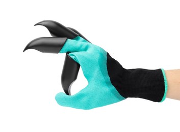 Photo of Woman in claw gardening glove showing ok gesture on white background, closeup
