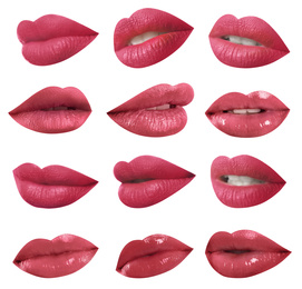 Image of Set of mouths with beautiful makeup on white background. Stylish pink lipstick