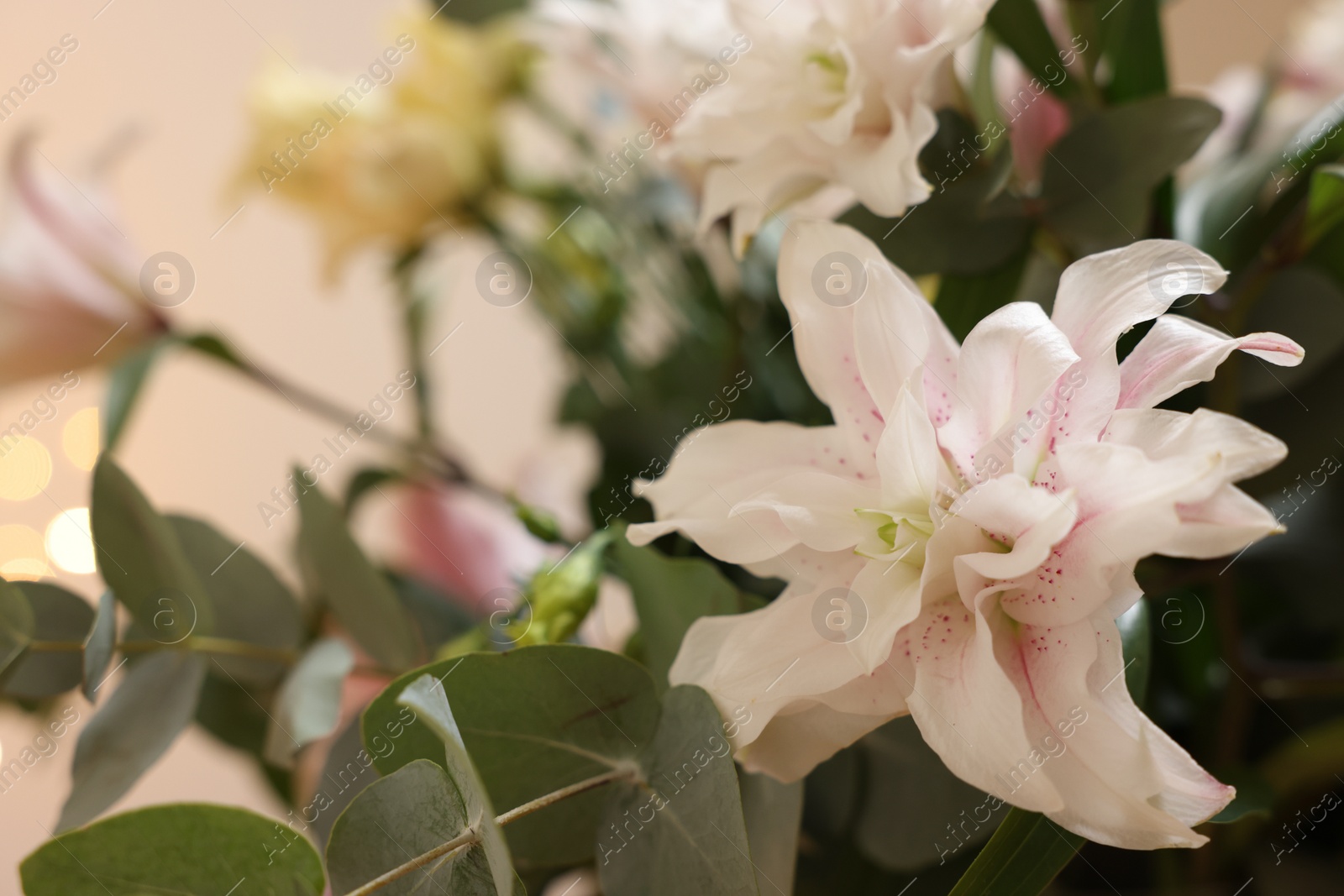 Photo of Bouquet of beautiful lily flowers on beige background, closeup