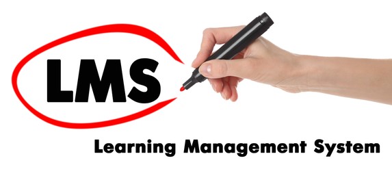 Learning management system. Woman circling abbreviation LMS on white board, closeup. Banner design