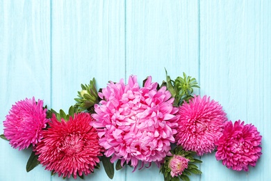 Beautiful aster flowers and space for text on wooden background, flat lay