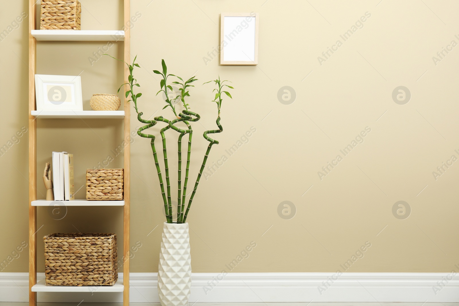 Photo of Vase with green bamboo stems and decorative ladder near beige wall in room, space for text. Interior design