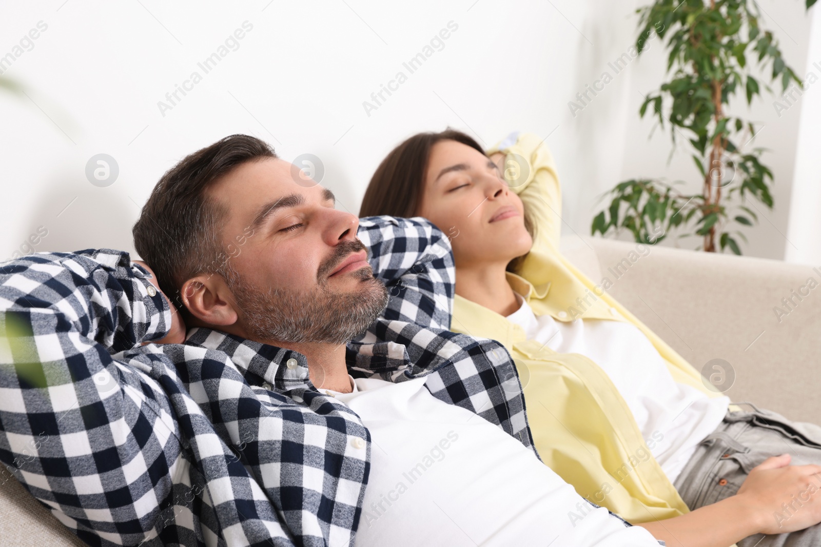 Photo of Happy couple resting on sofa in new apartment. Moving day