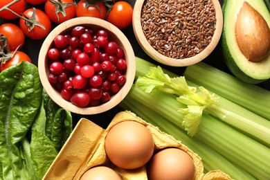 Many different healthy food as background, top view