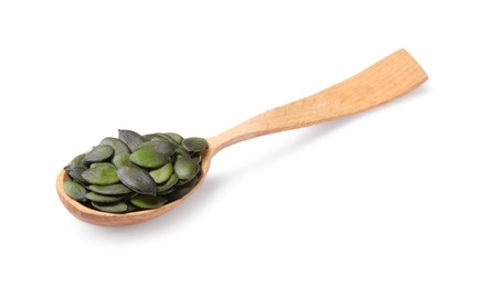 Wooden spoon with pumpkin seeds isolated on white