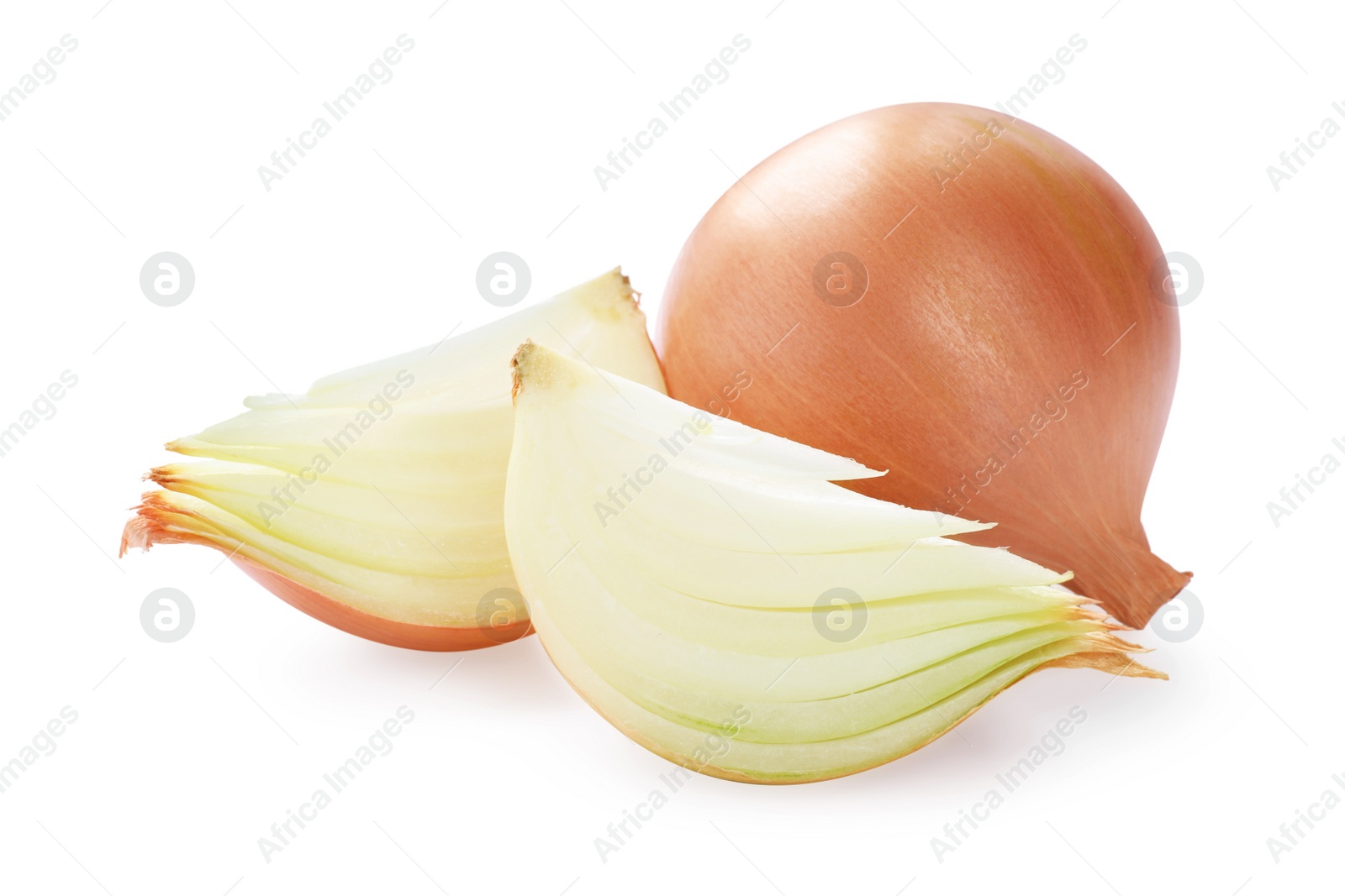 Photo of Whole and cut onions on white background