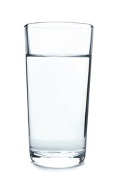 Photo of Glass of cold clear water on white background. Refreshing drink