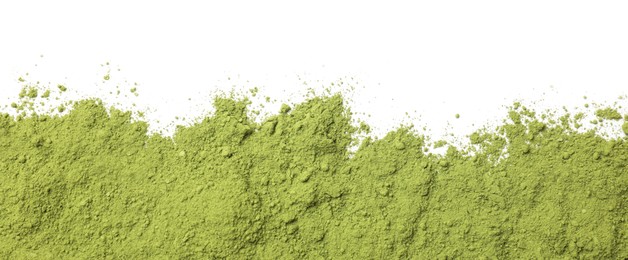 Green matcha powder isolated on white, top view