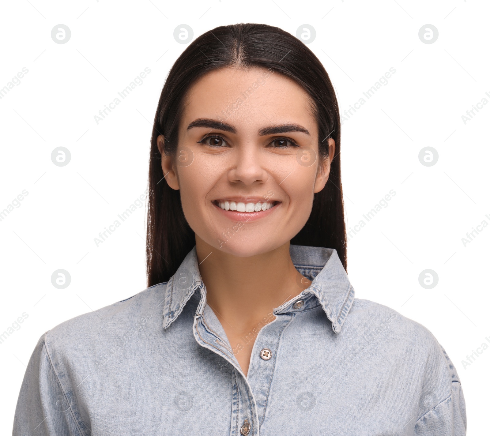Photo of Young woman with clean teeth smiling on white background