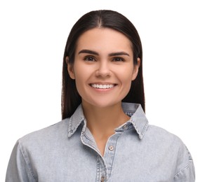 Young woman with clean teeth smiling on white background