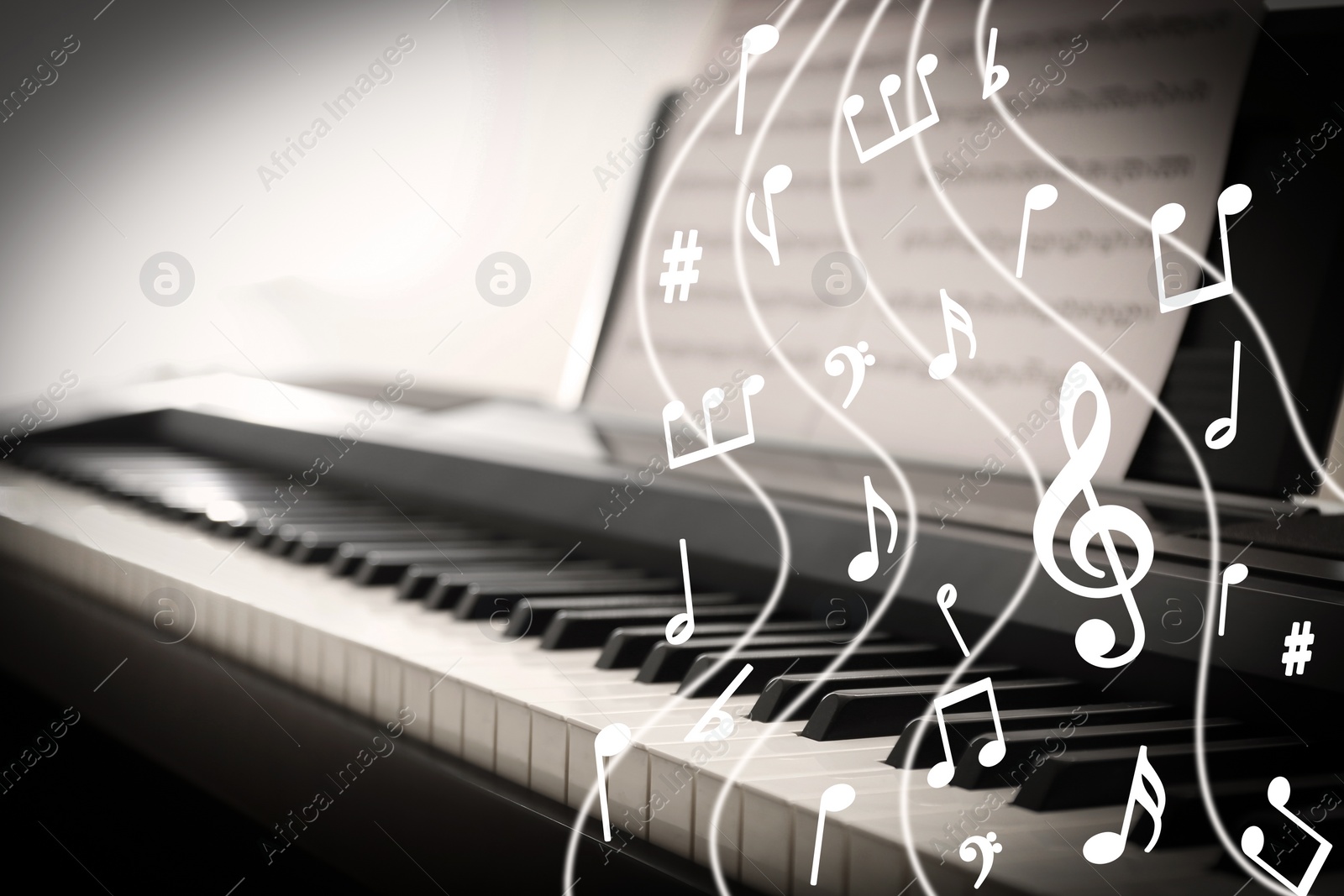 Image of Music notes and other musical symbols over piano, closeup. Black and white effect