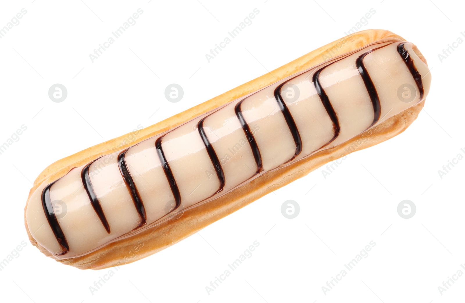 Photo of Delicious eclair covered with glaze isolated on white