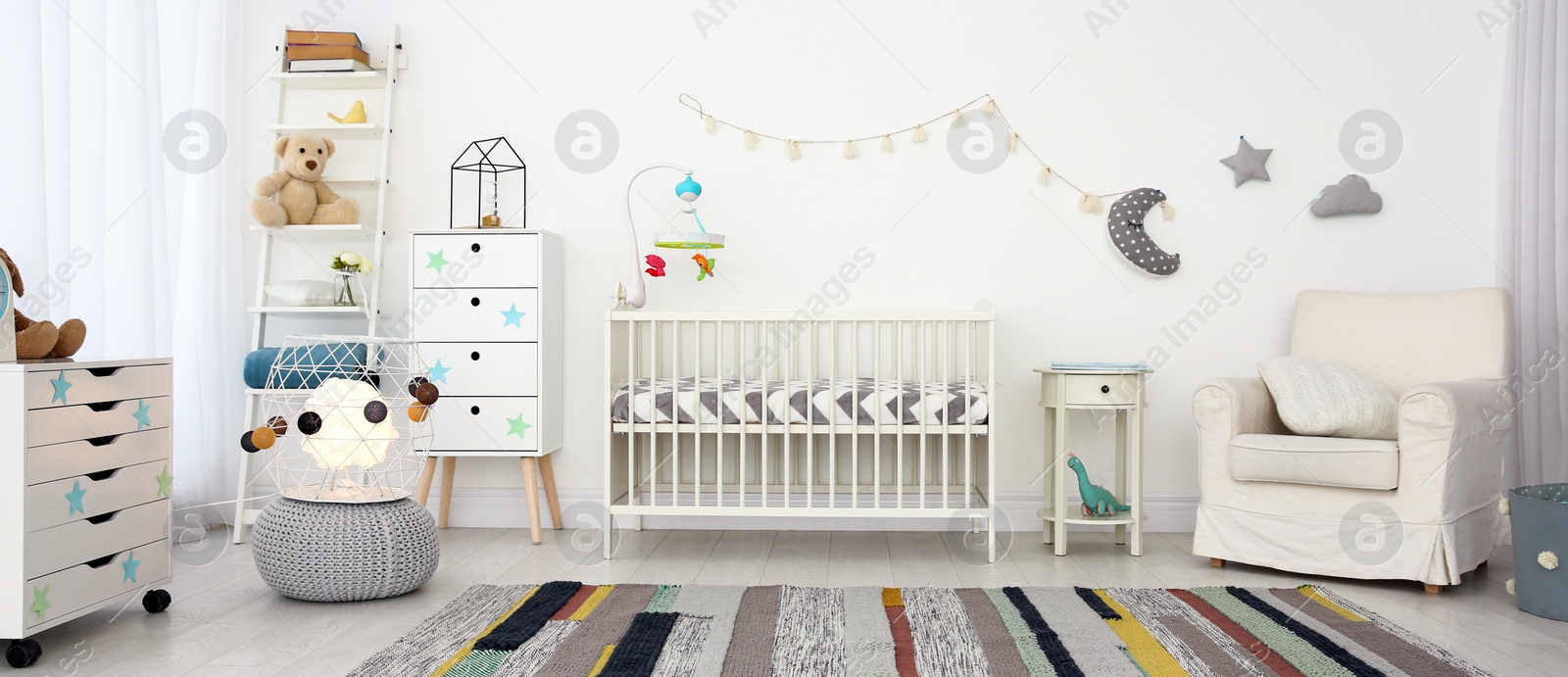 Image of Baby room interior with comfortable crib. Banner design