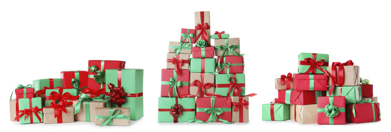 Set with piles of Christmas gift boxes on white background. Banner design