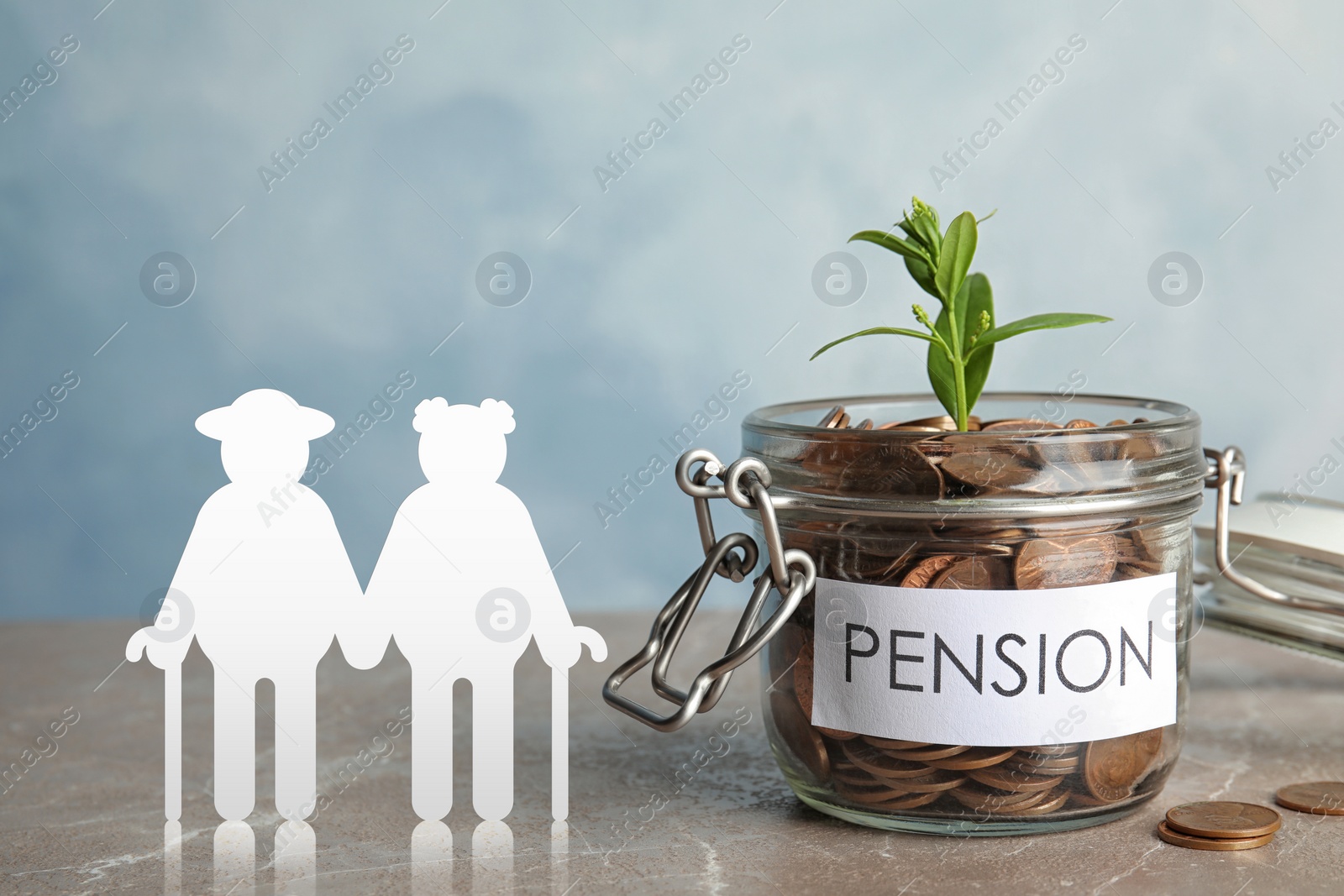 Image of Pension concept. Elderly couple illustration, coins and sprout on stone table