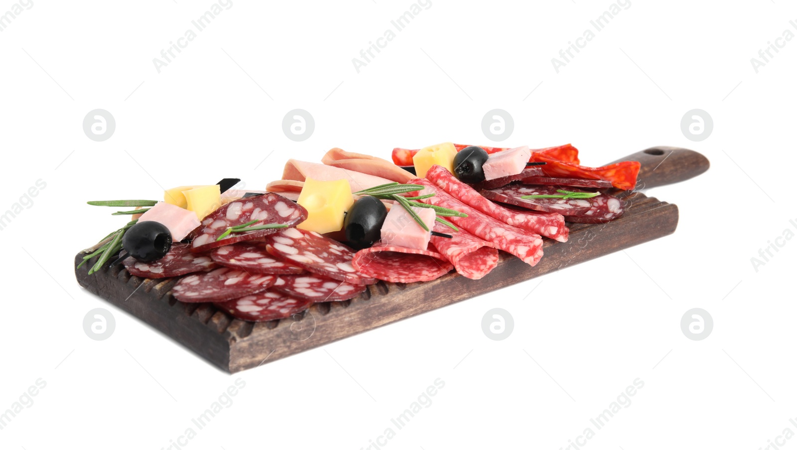 Photo of Wooden board with tasty ham and other delicacies isolated on white