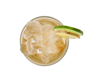 Photo of Glass of tasty ale with ice cubes, lime and ginger slices isolated on white, top view