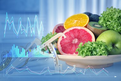 Image of Body fat caliper, fresh ripe vegetables, fruits on table and illustration of charts. Nutritionist's recommendations
