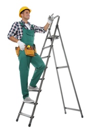 Photo of Professional builder climbing up metal ladder on white background