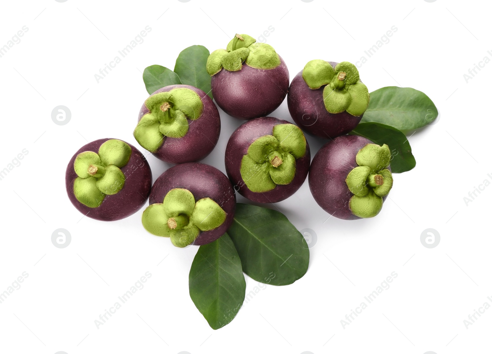 Photo of Fresh mangosteen fruits with green leaves on white background, top view