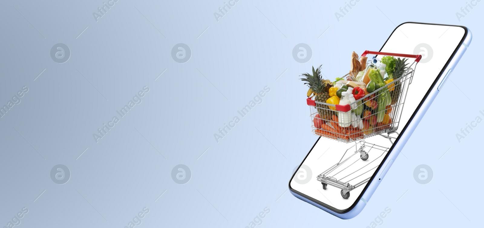 Image of Online purchases. Shopping cart with different products riding out from smartphone on grey background. Banner design with space for text