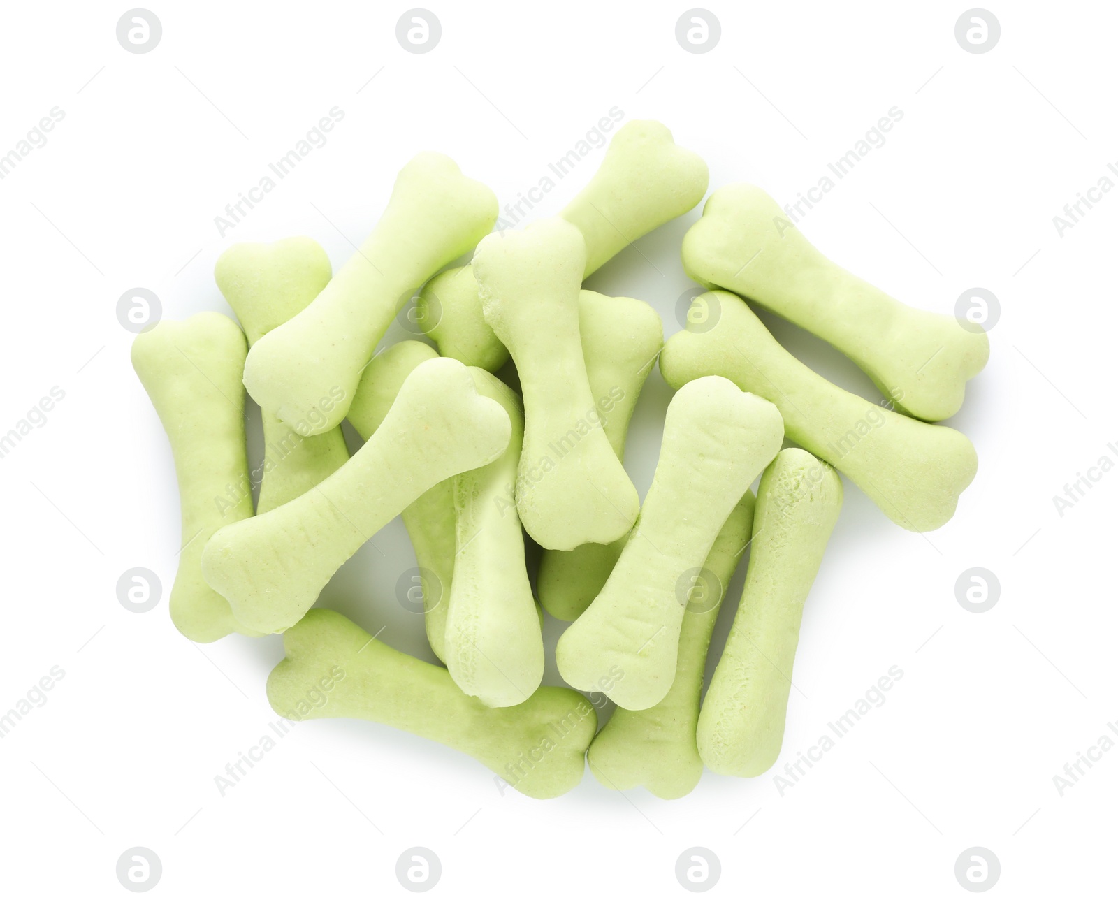 Photo of Bone shaped dog cookies on white background, top view