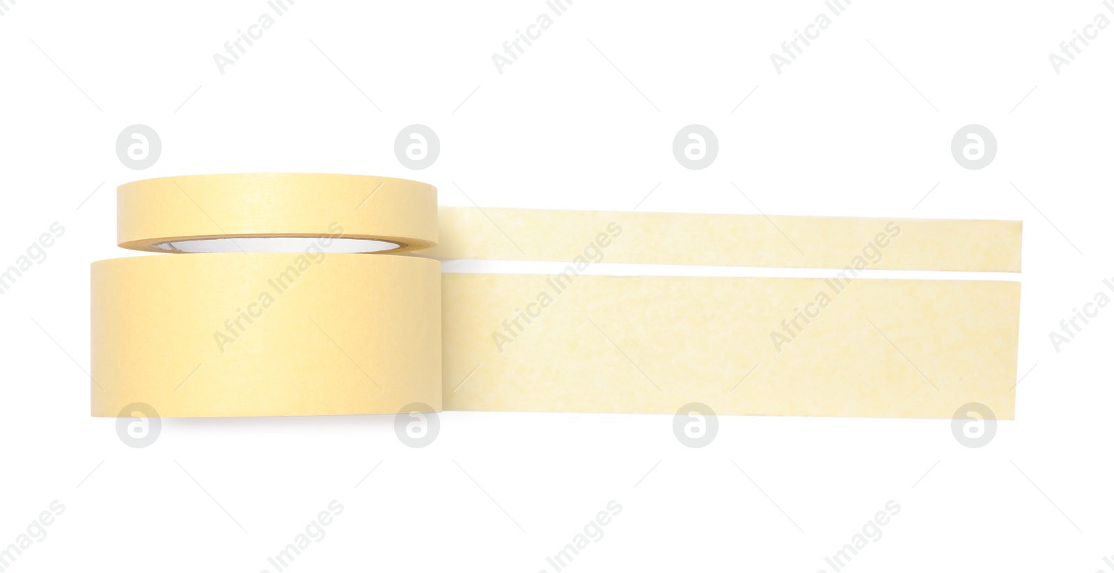 Photo of Rolls of yellow adhesive tape on white background, top view