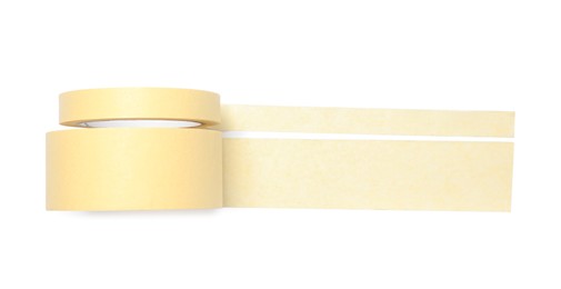 Rolls of yellow adhesive tape on white background, top view