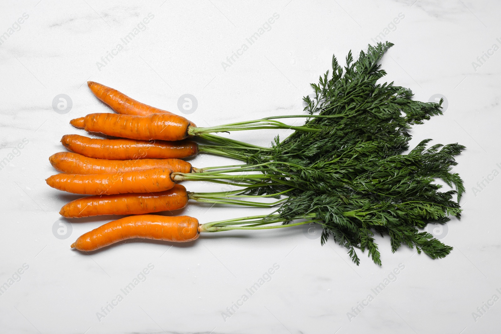 Photo of Tasty washed carrots on white marble table, top view
