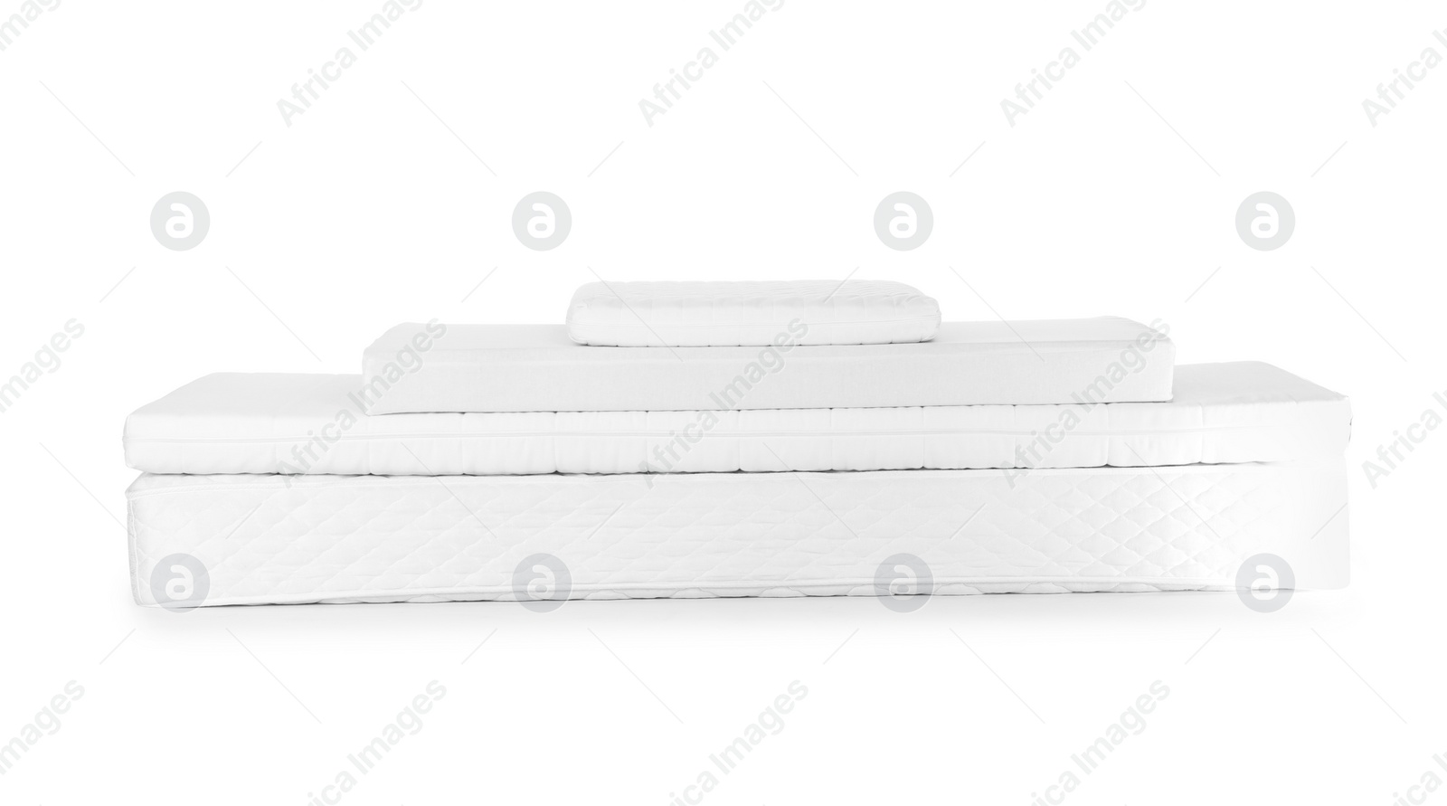 Photo of Modern comfortable orthopedic mattress pile isolated on white