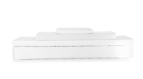 Photo of Modern comfortable orthopedic mattress pile isolated on white