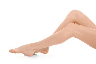 Photo of Young woman showing smooth silky skin after epilation on white background