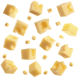 Image of Collage with cubes of cheese falling on white background