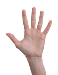 Woman giving high five on white background, closeup