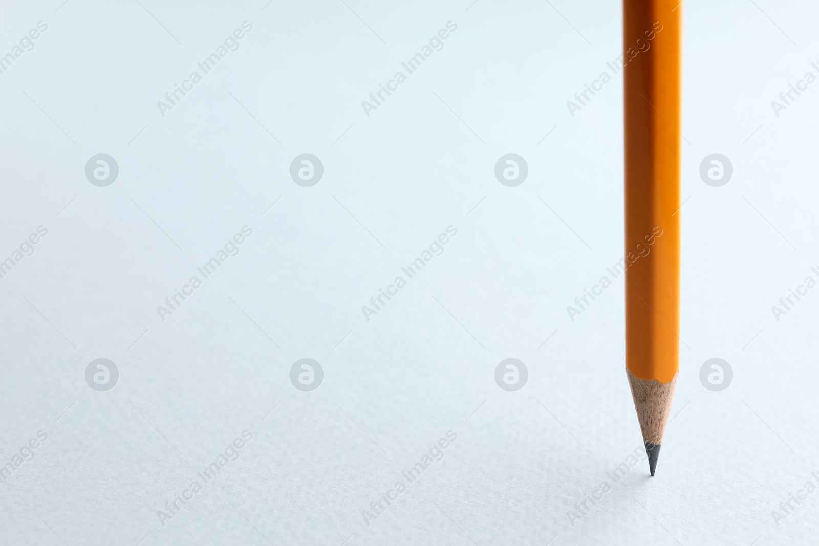 Photo of One sharp graphite pencil on white background, closeup. Space for text