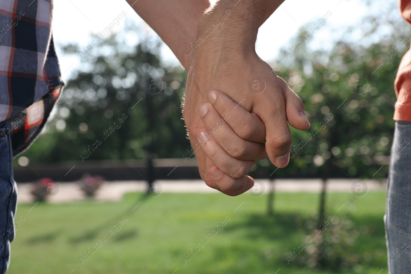 Photo of Gay couple holding hands together in park on sunny day, closeup