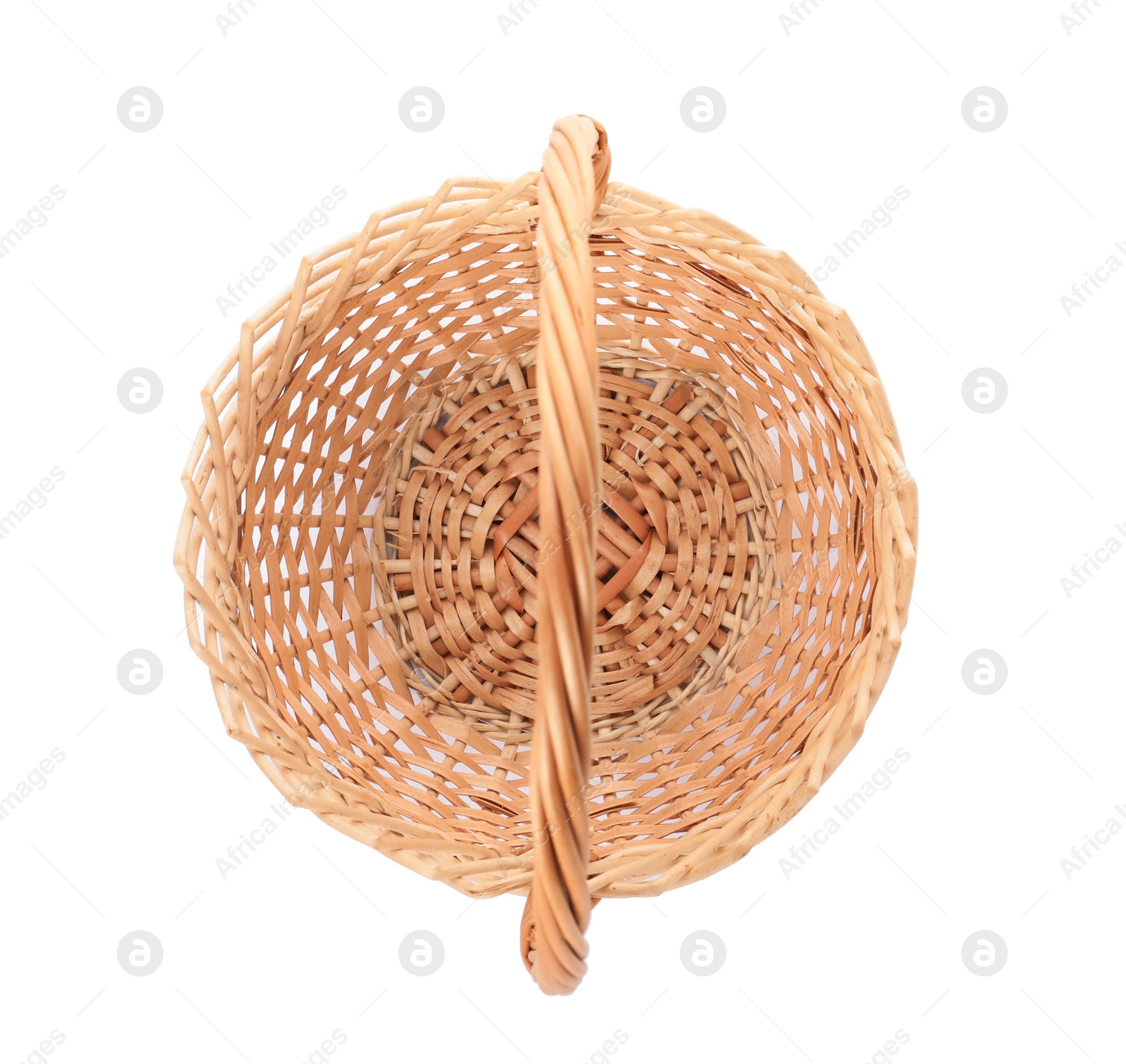 Photo of Wicker basket with handle isolated on white, top view