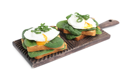 Delicious poached egg sandwiches isolated on white