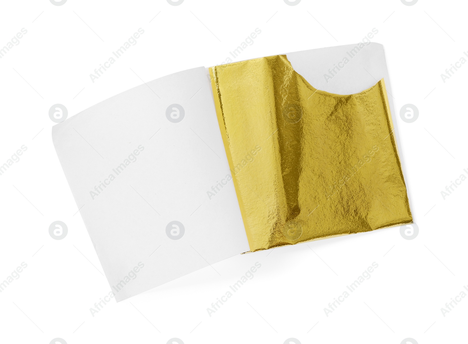 Photo of One edible gold leaf sheet isolated on white, top view